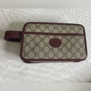Gucci burgundy GG supreme canvas and leather  travel pouch/clutch